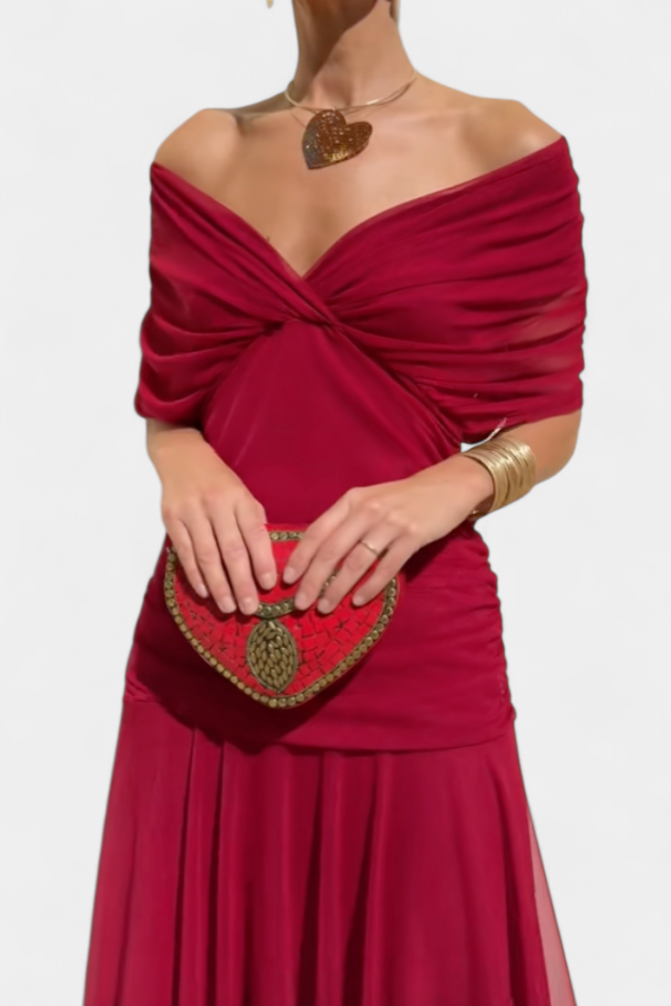 Women's Off the Shoulder Wedding Guest Midi Dress Ruched
