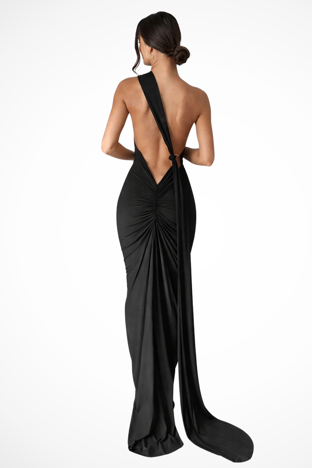 Women's One-Shoulder Maxi Dress with Backless Ruched Design and Long Side Drape