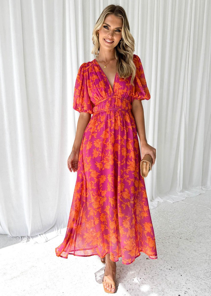Women's Orange Floral Wedding Guest Midi Dress Puff Sleeve and V-Neck