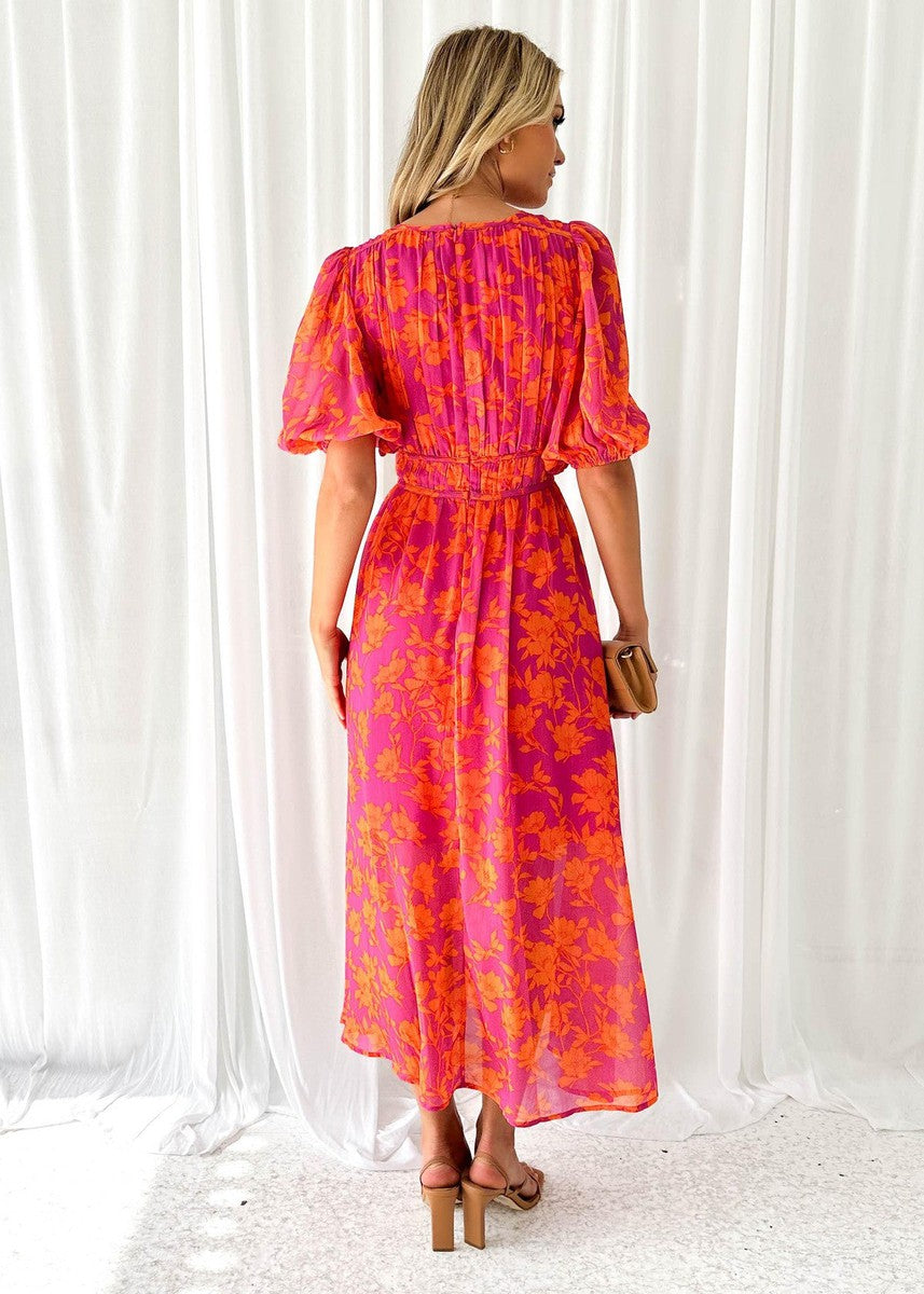 Women's Orange Floral Wedding Guest Midi Dress Puff Sleeve and V-Neck