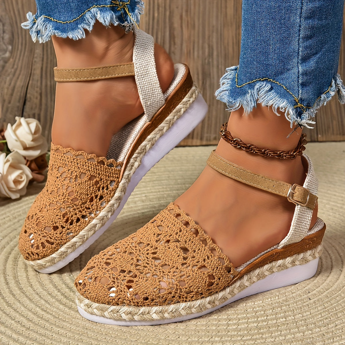 Women's Orthopedic Sandals Crochet Boho Wedge Platform Espadrille