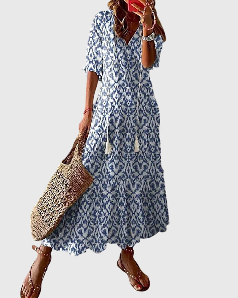 Women's Sundress Patterned V Neck Maxi Tassel
