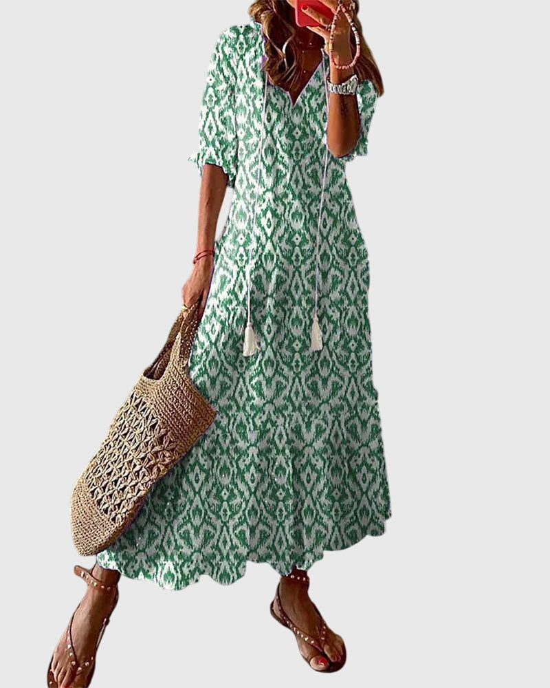 Women's Sundress Patterned V Neck Maxi Tassel