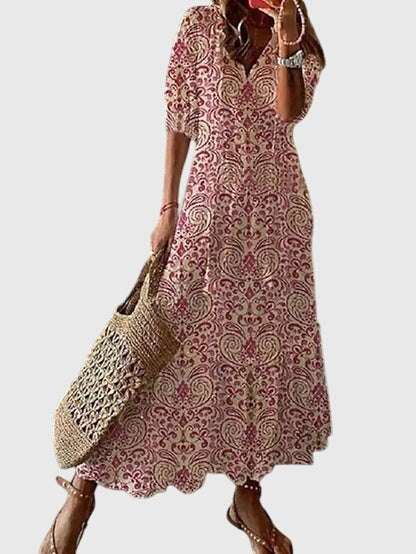 Women's Sundress Patterned V Neck Maxi Tassel