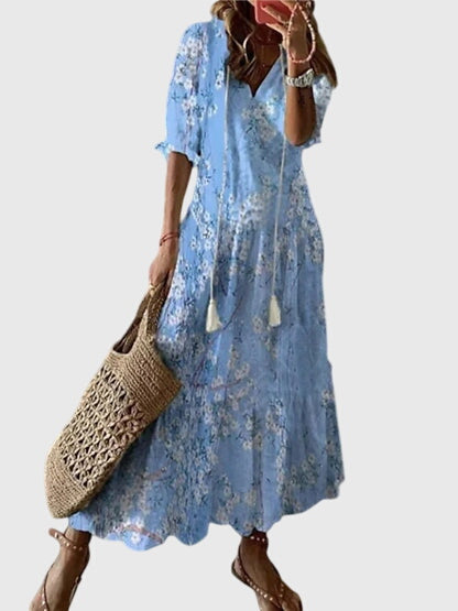 Women's Sundress Patterned V Neck Maxi Tassel