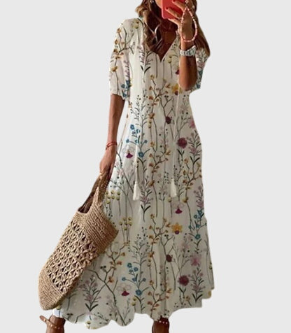 Women's Sundress Patterned V Neck Maxi Tassel