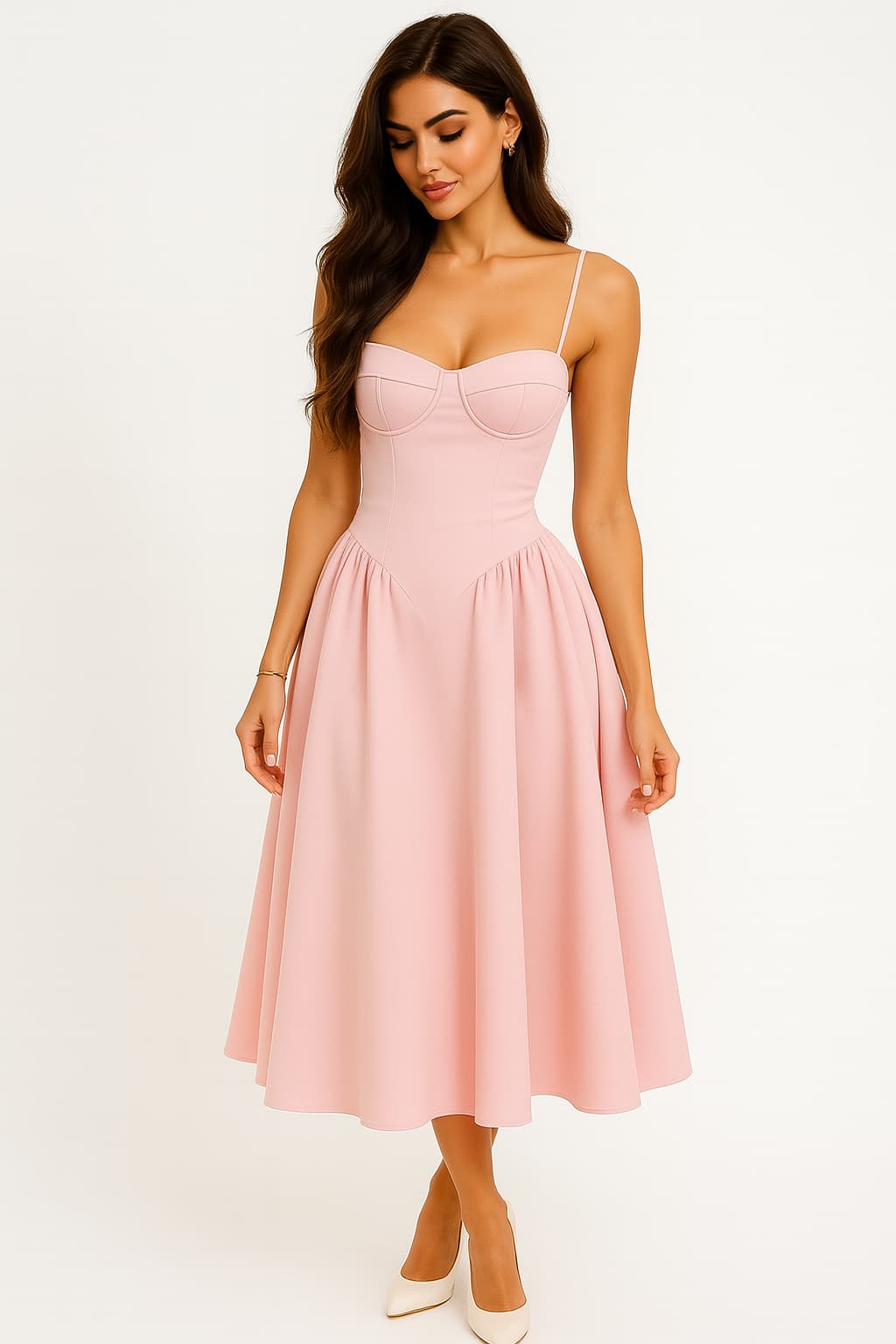 Women's Pink Midi Dress with Bustier Bodice and Spaghetti Straps