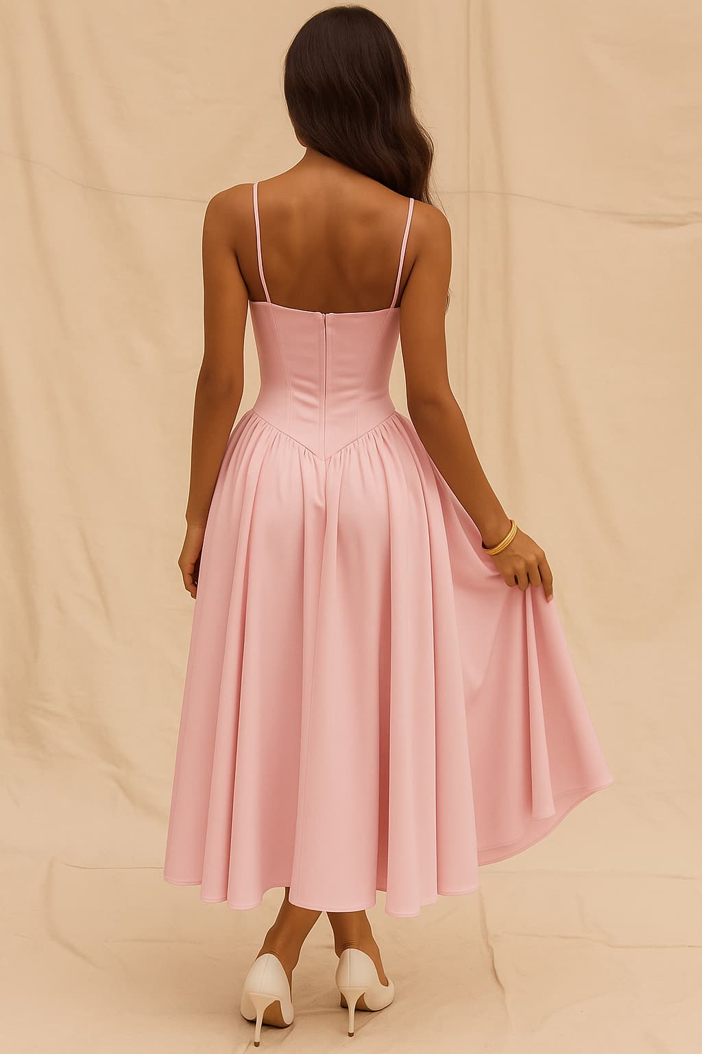 Women's Pink Midi Dress with Bustier Bodice and Spaghetti Straps