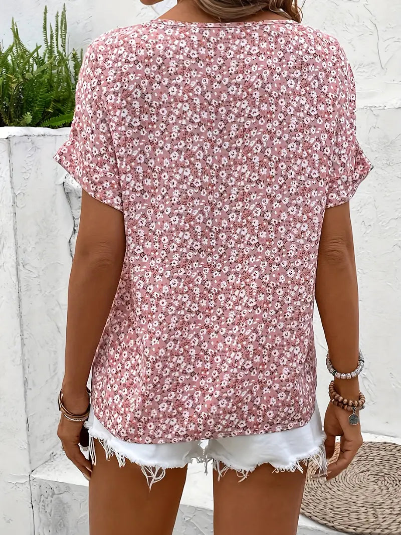 Women's Pink Printed Blouse Split V-Neckline and Front Button Detail