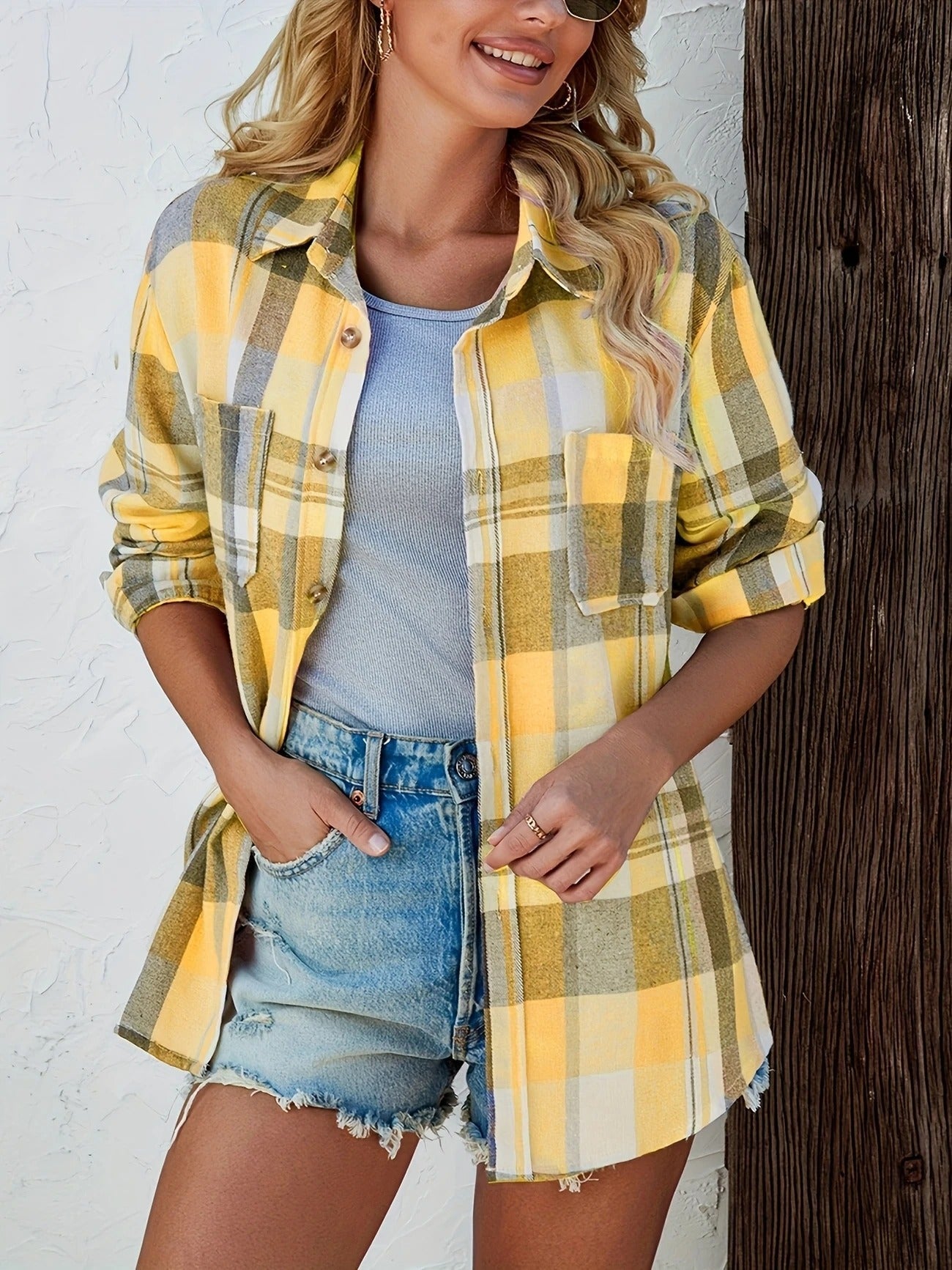 Women's Plaid Flannel Long Sleeve Button Up Shirt Casual Oversized