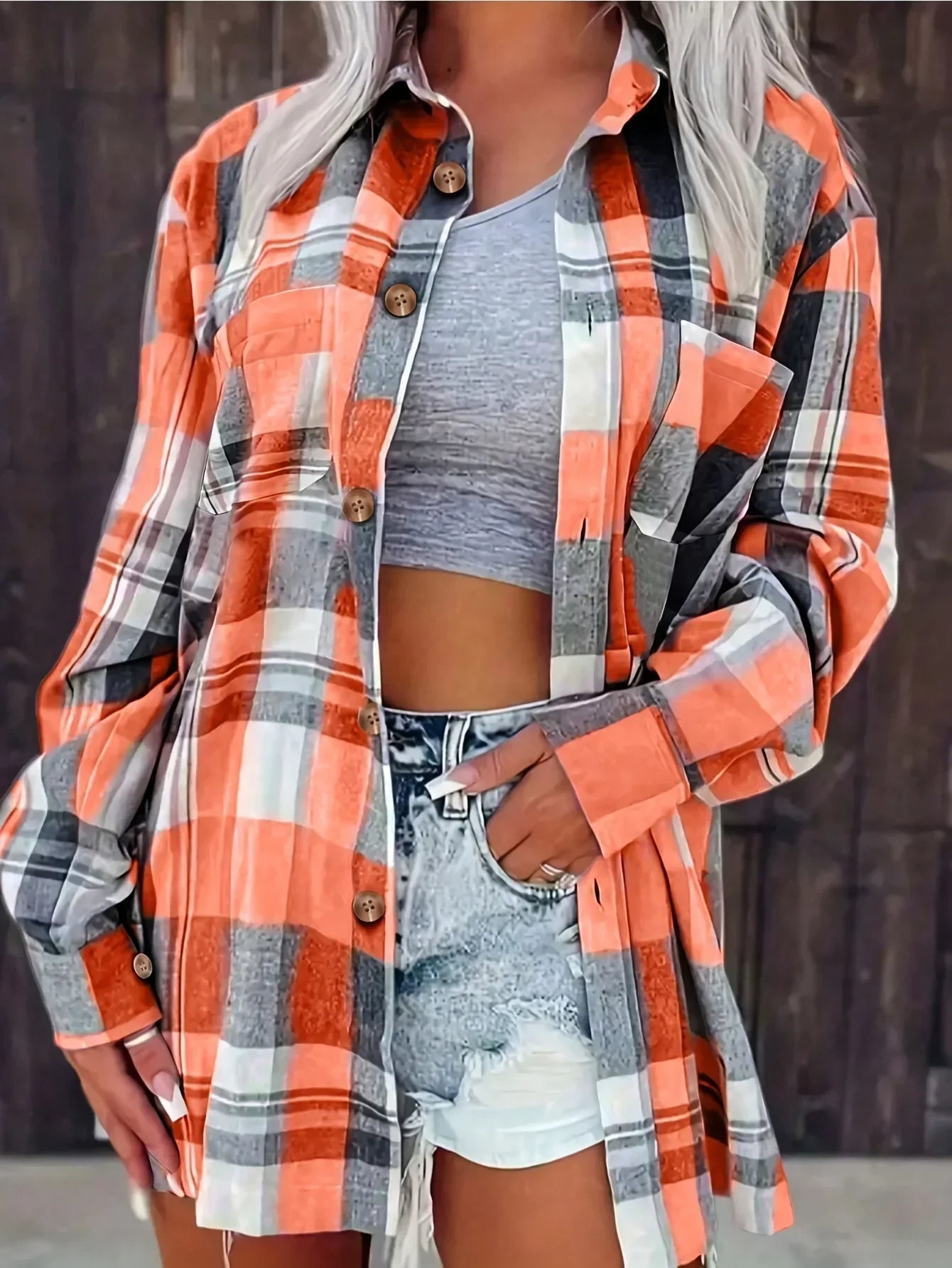 Women's Plaid Flannel Long Sleeve Button Up Shirt Casual Oversized
