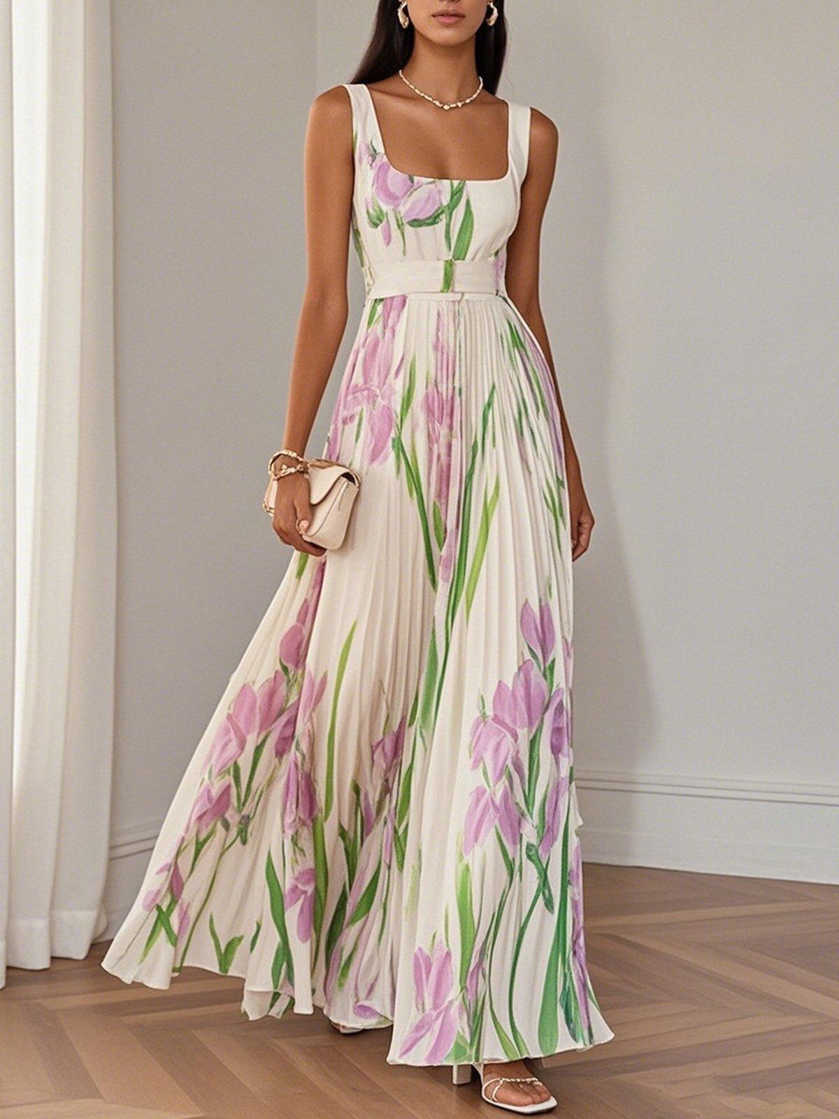 Women's Pleated Wedding Guest Maxi Dress Floral Square Neck A-Line