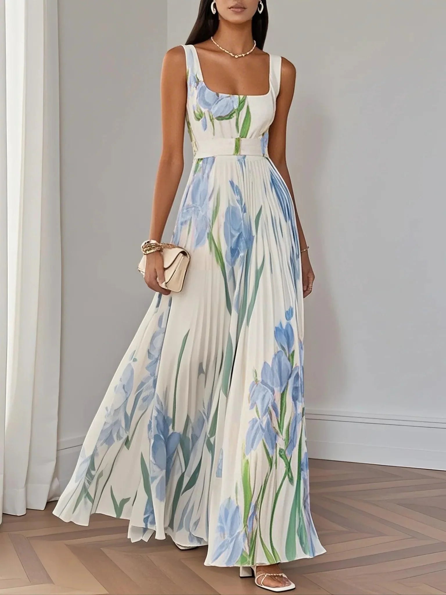 Women's Pleated Wedding Guest Maxi Dress Floral Square Neck A-Line
