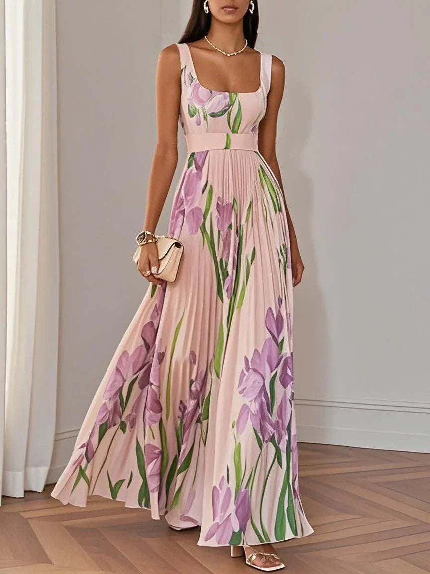 Women's Pleated Wedding Guest Maxi Dress Floral Square Neck A-Line