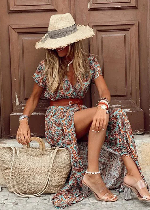 Women's Printed Maxi Dress Wrap-Front Bodice and High Side Slit