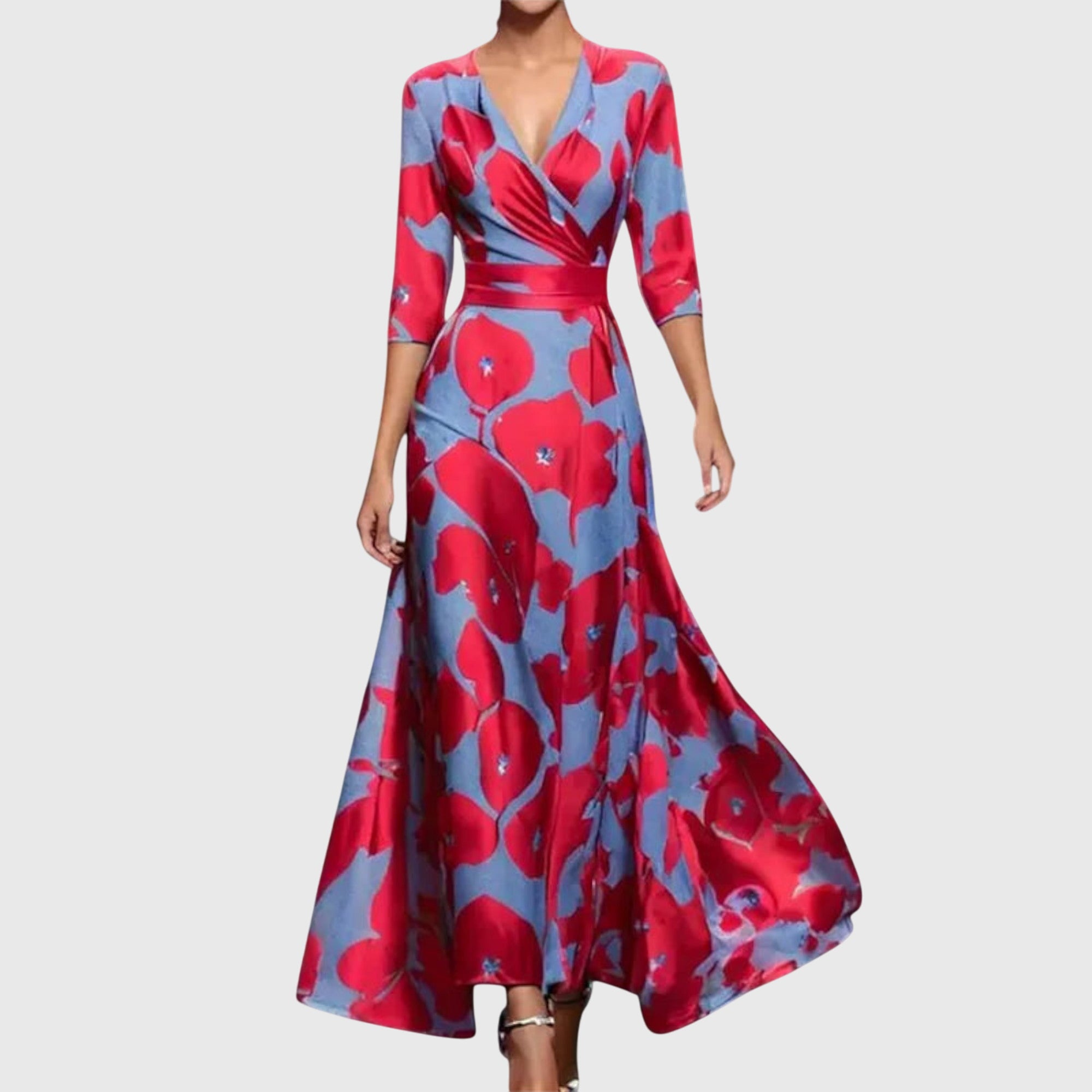 Women's Printed Maxi Wrap Dress with V-Neck and Three-Quarter Sleeves