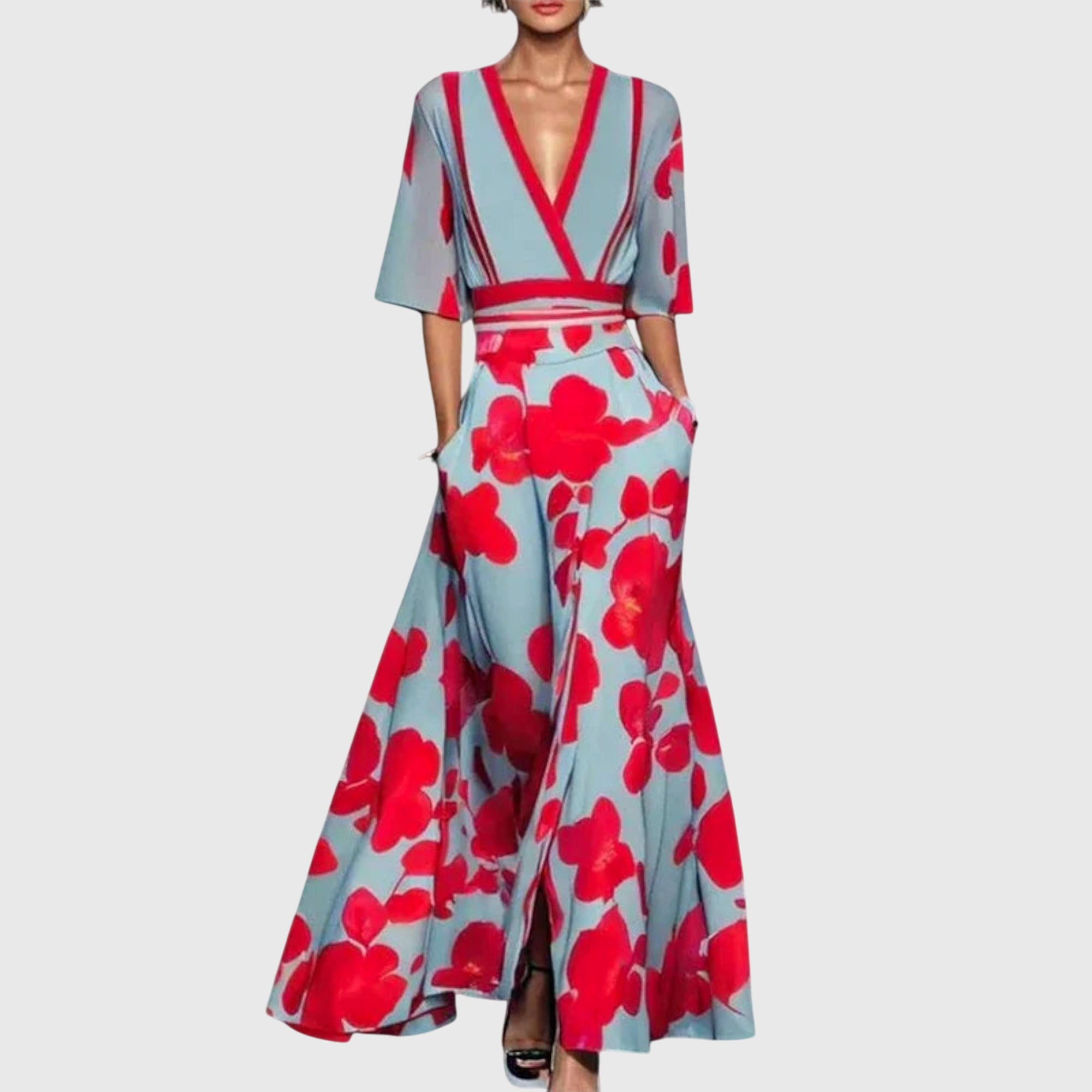 Women's Printed Maxi Wrap Dress with V-Neck and Three-Quarter Sleeves