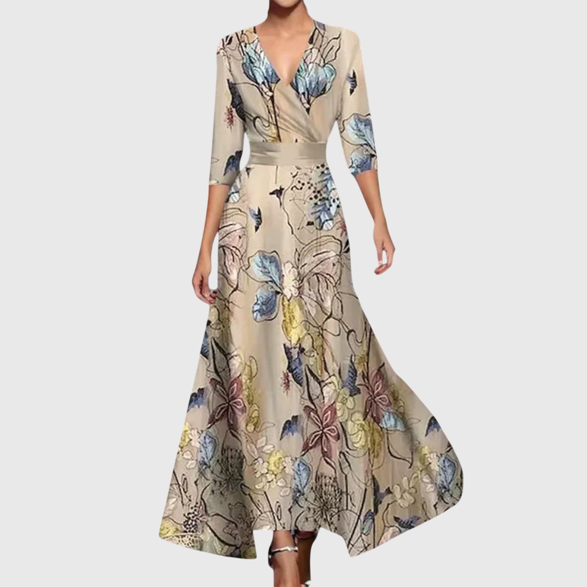 Women's Printed Maxi Wrap Dress with V-Neck and Three-Quarter Sleeves