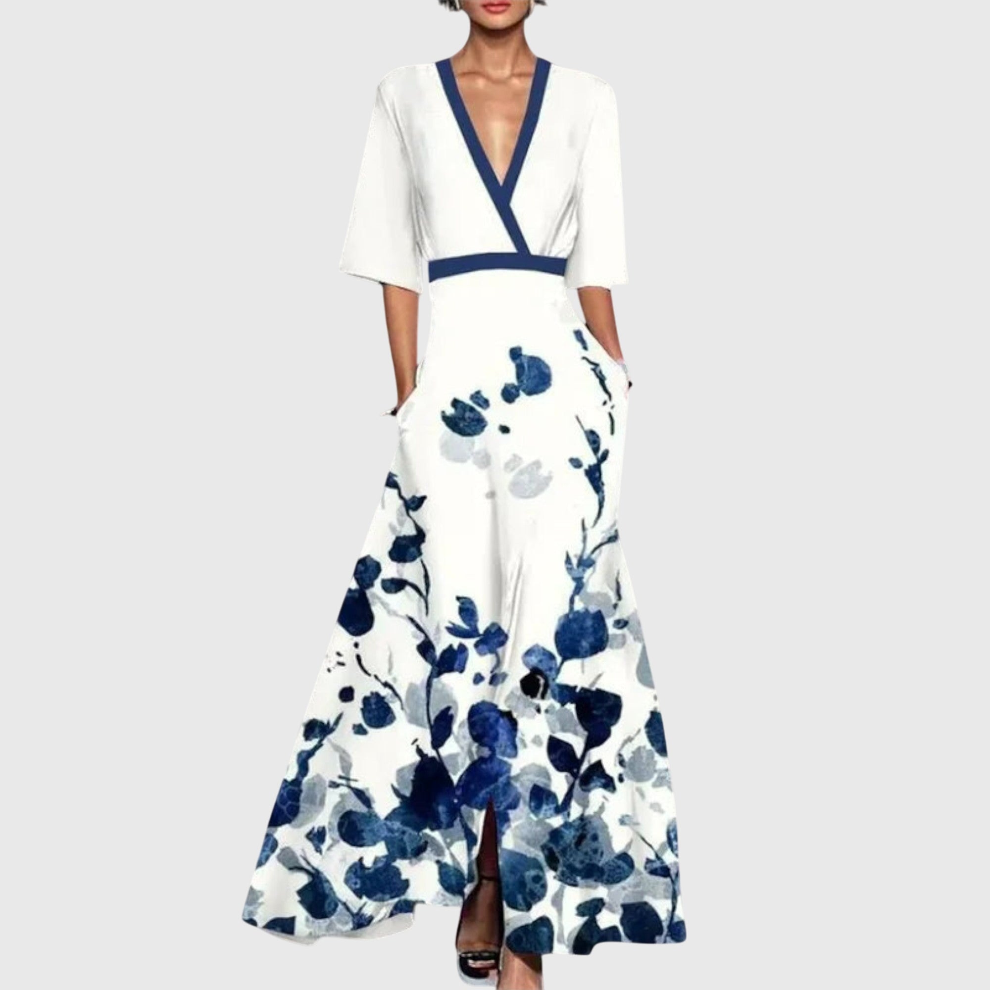 Women's Printed Maxi Wrap Dress with V-Neck and Three-Quarter Sleeves