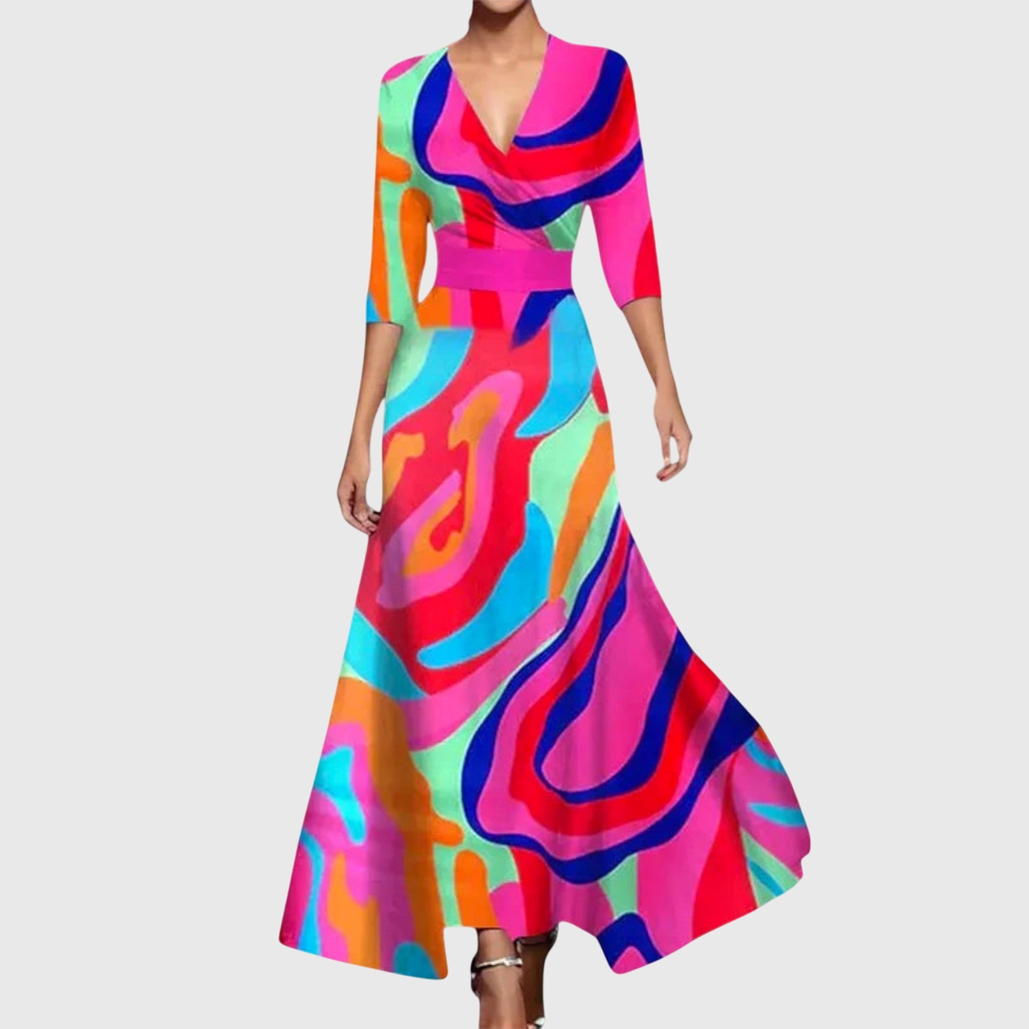 Women's Printed Maxi Wrap Dress with V-Neck and Three-Quarter Sleeves