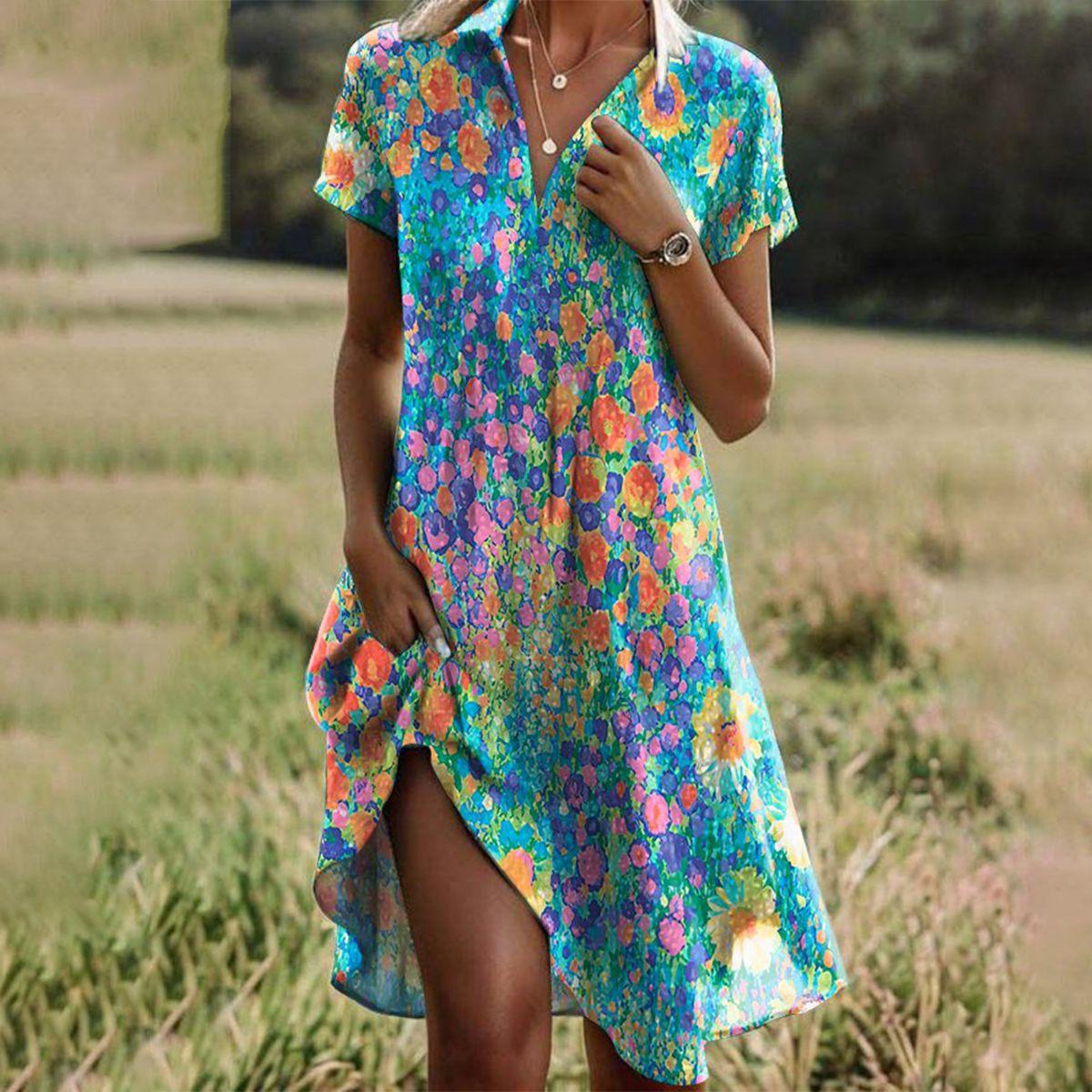 Women's Printed Mini Dress Speckled Pattern and Comfortable Scoop Neckline