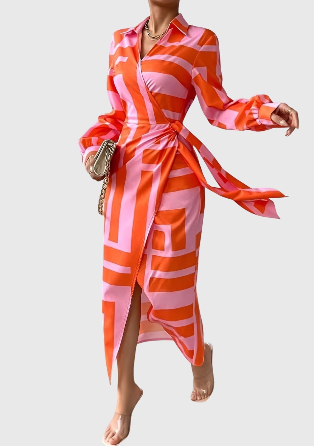 Women's Printed Wedding Guest Midi Dress Tie Front Long Sleeve