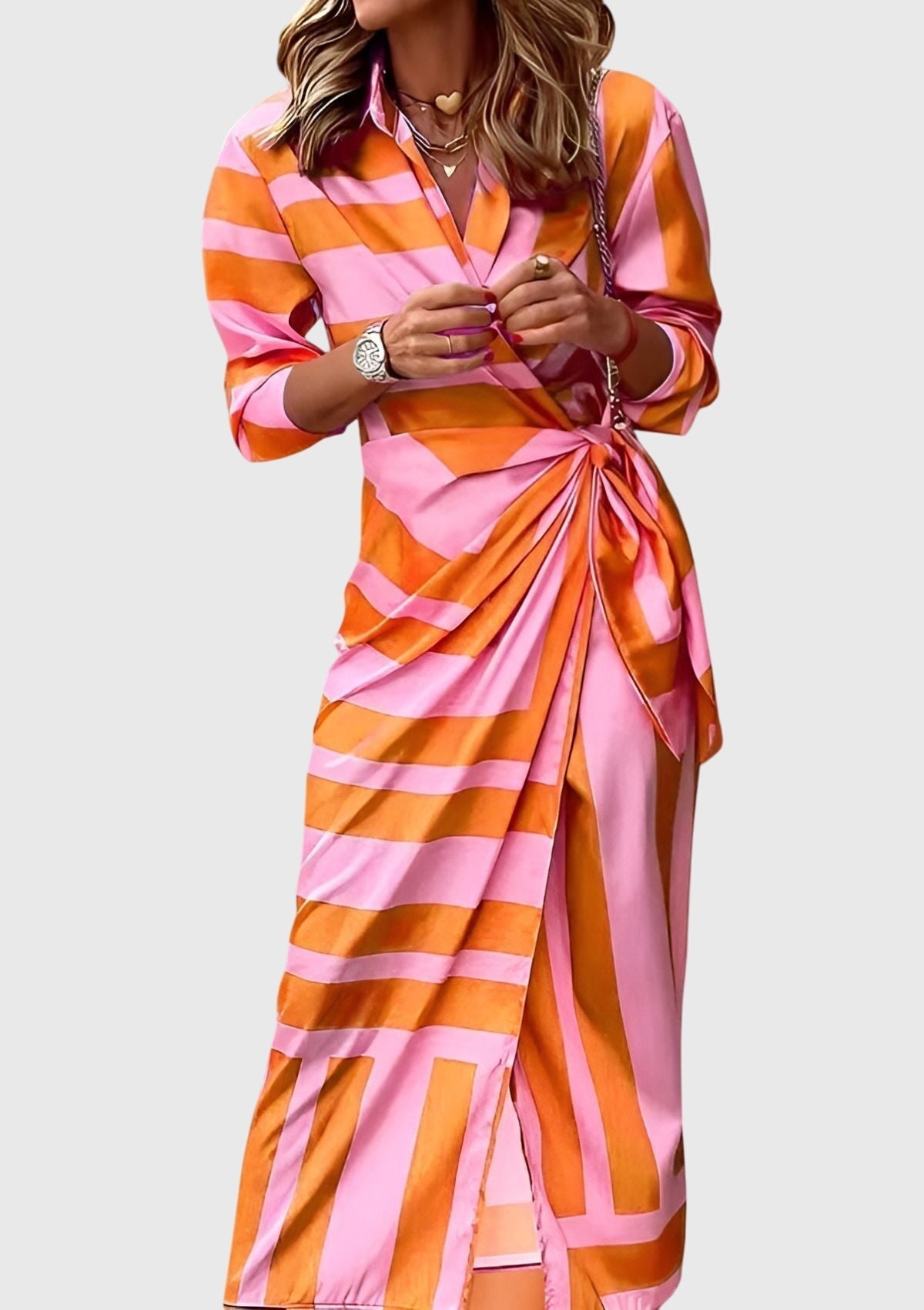 Women's Printed Wedding Guest Midi Dress Tie Front Long Sleeve