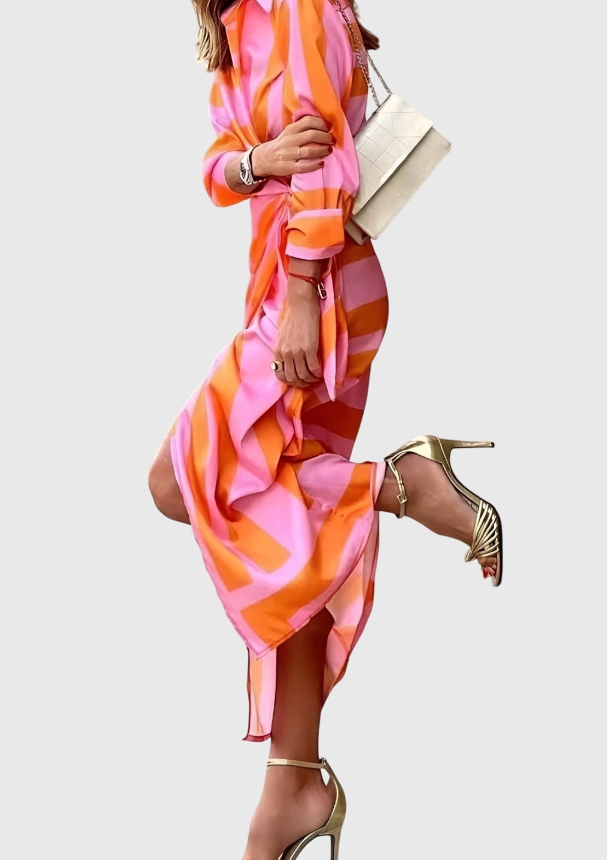 Women's Printed Wedding Guest Midi Dress Tie Front Long Sleeve