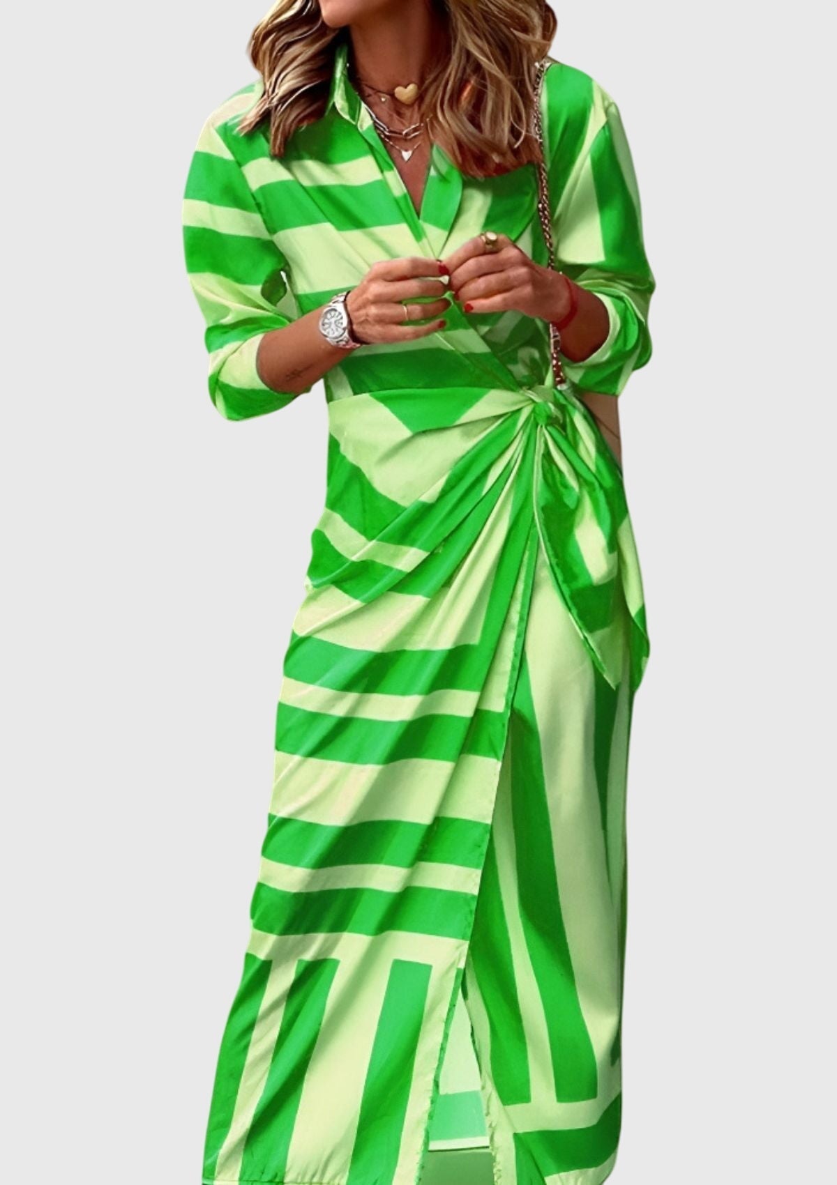 Women's Printed Wedding Guest Midi Dress Tie Front Long Sleeve