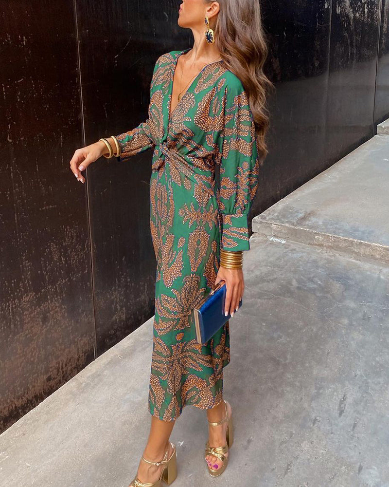Women's Printed Wedding Guest Midi Dress Twist Front and Long Sleeve