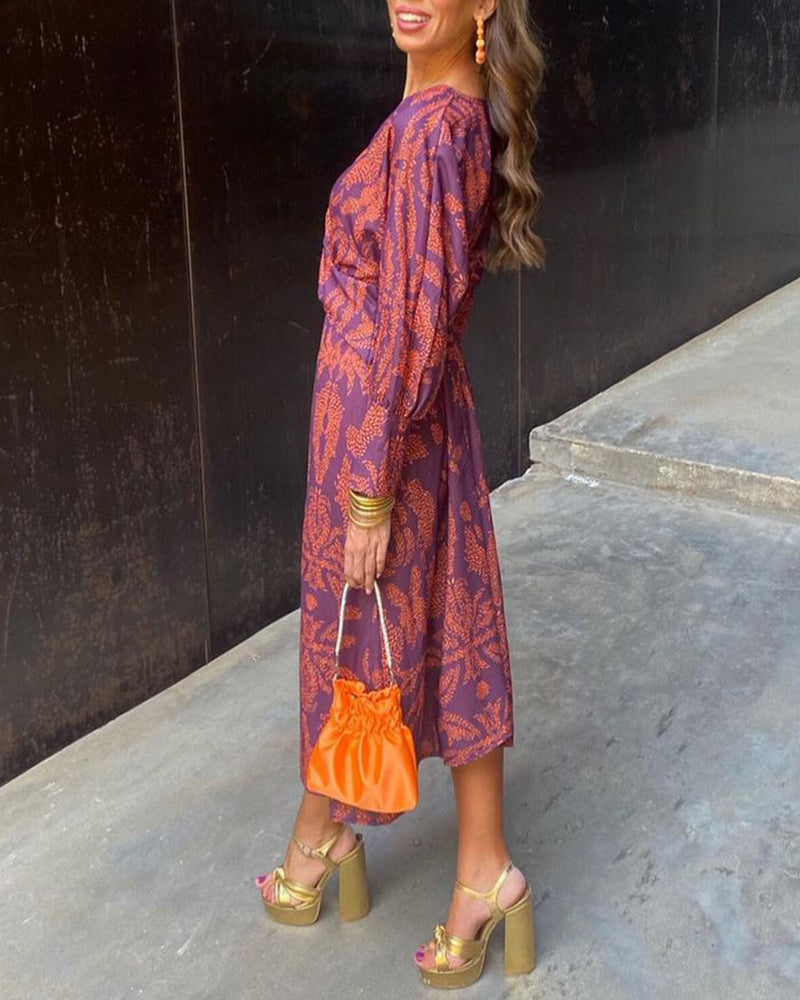 Women's Printed Wedding Guest Midi Dress Twist Front and Long Sleeve