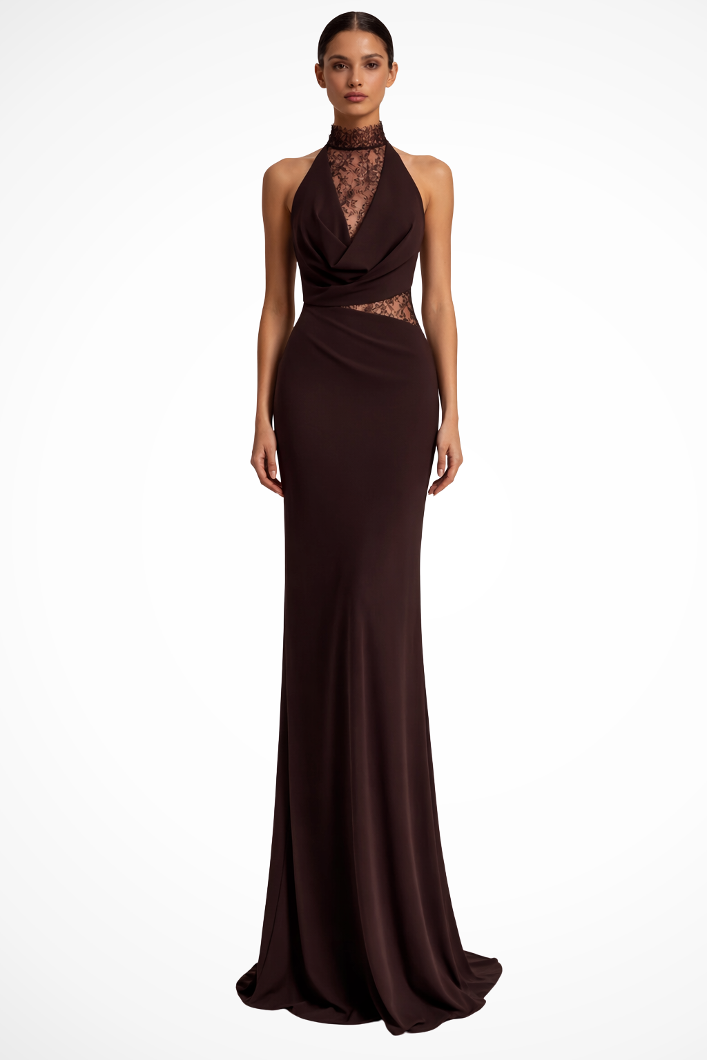 Women's Wedding Guest Maxi Dress with High Neck Lace Inset and Ruched Detail