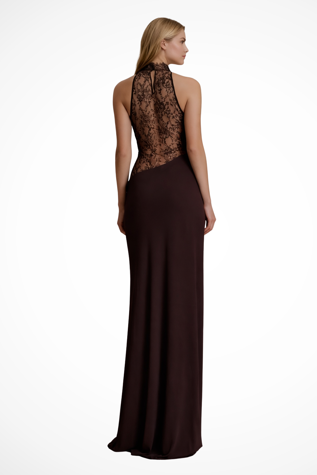 Women's Wedding Guest Maxi Dress with High Neck Lace Inset and Ruched Detail
