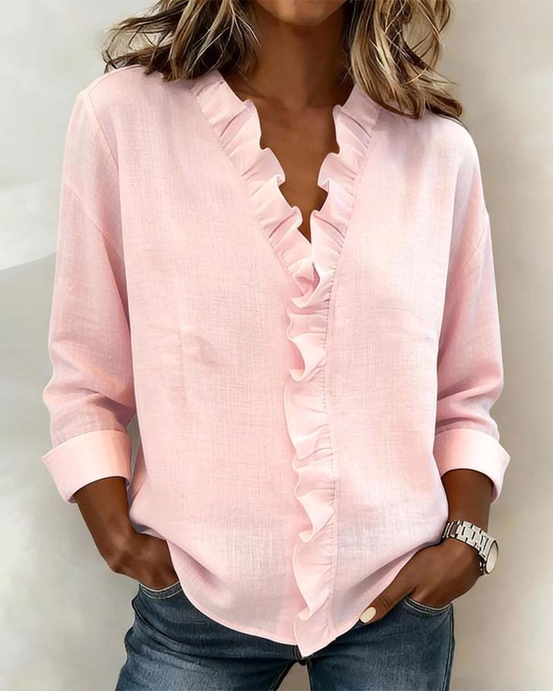 Women's Ruffle V-Neck Blouse Casual Spring Long Sleeve