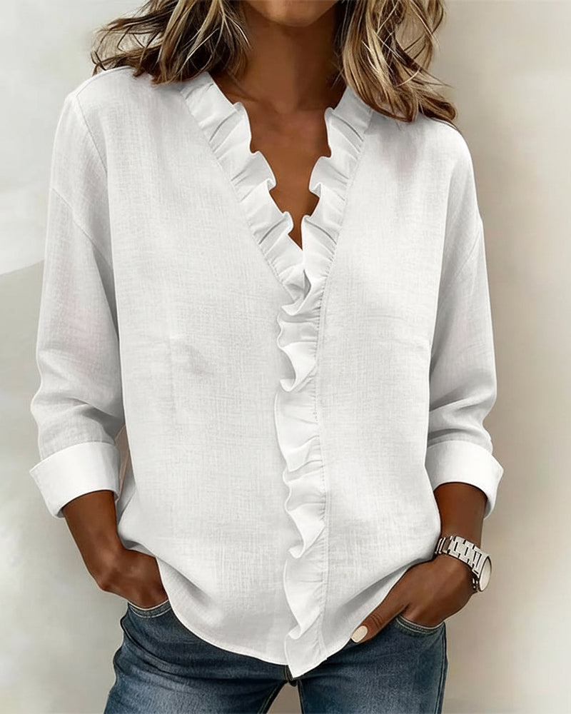 Women's Ruffle V-Neck Blouse Casual Spring Long Sleeve