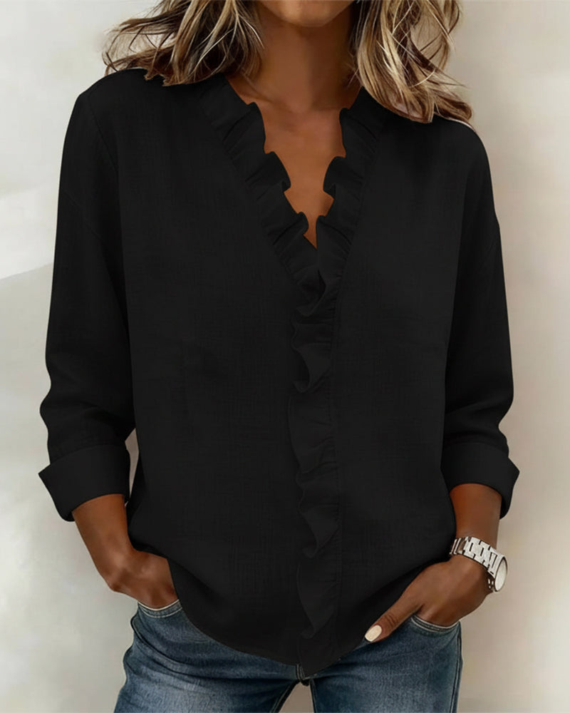 Women's Ruffle V-Neck Blouse Casual Spring Long Sleeve