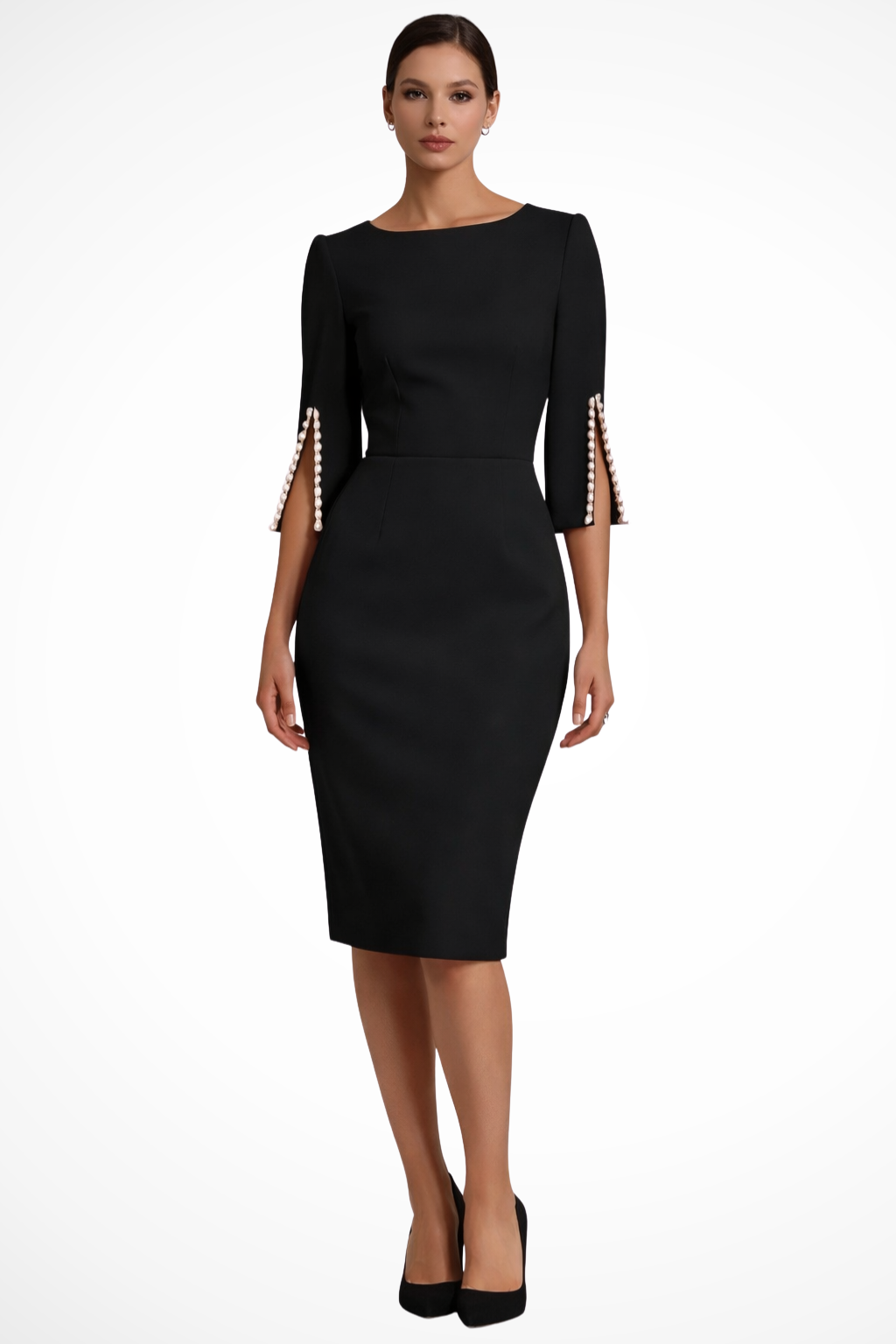 Women's Sheath Midi Dress with Boat Neck and Pearl Embellished Split Sleeves