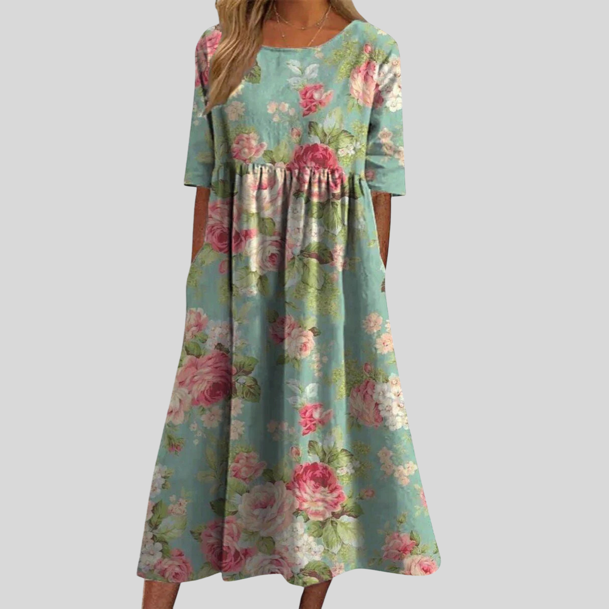 Women's Short Sleeve Midi Dress with Round Neck and Floral Print Detail