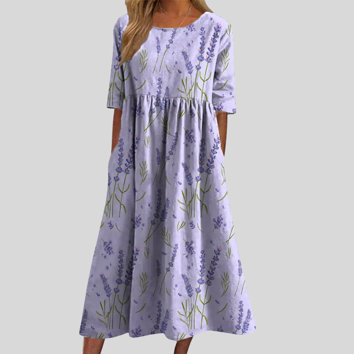 Women's Short Sleeve Midi Dress with Round Neck and Floral Print Detail