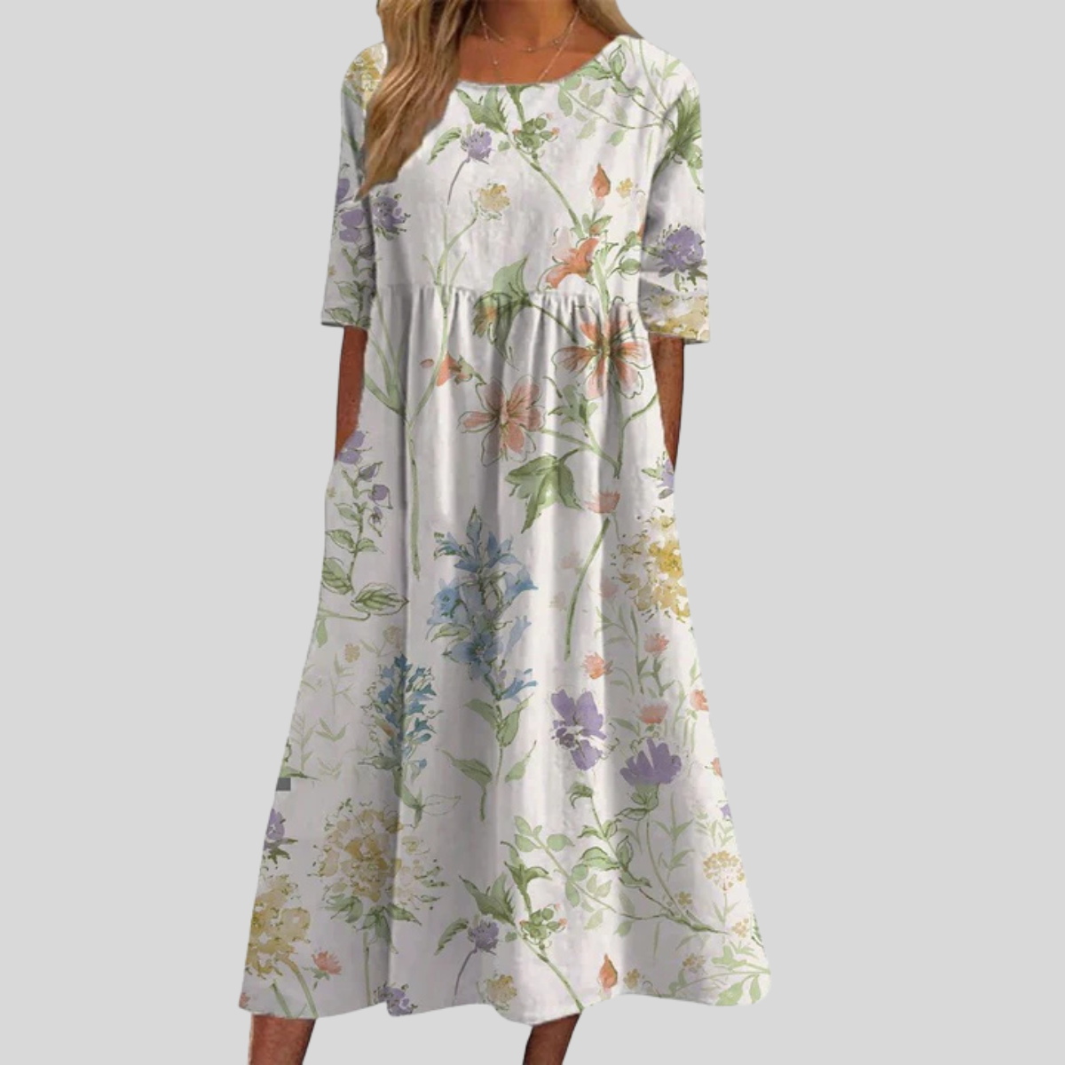 Women's Short Sleeve Midi Dress with Round Neck and Floral Print Detail