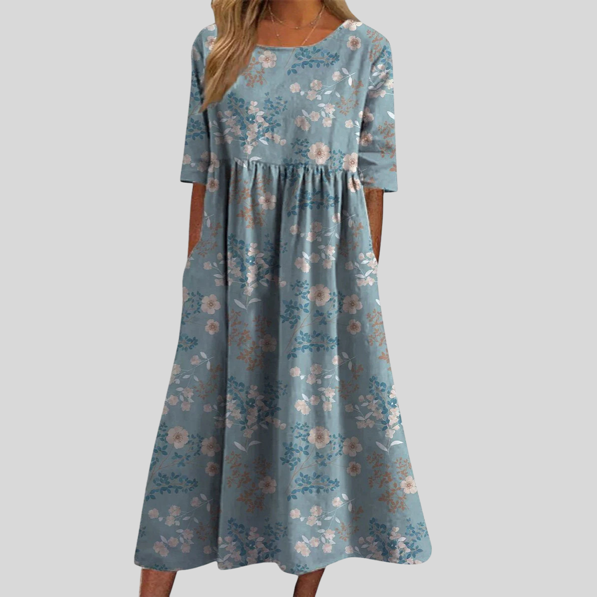 Women's Short Sleeve Midi Dress with Round Neck and Floral Print Detail