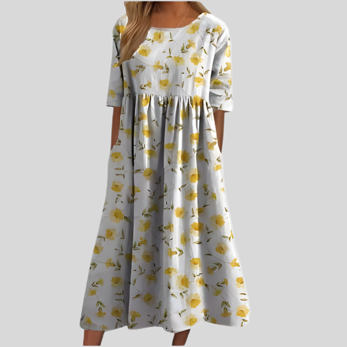 Women's Short Sleeve Midi Dress with Round Neck and Floral Print Detail
