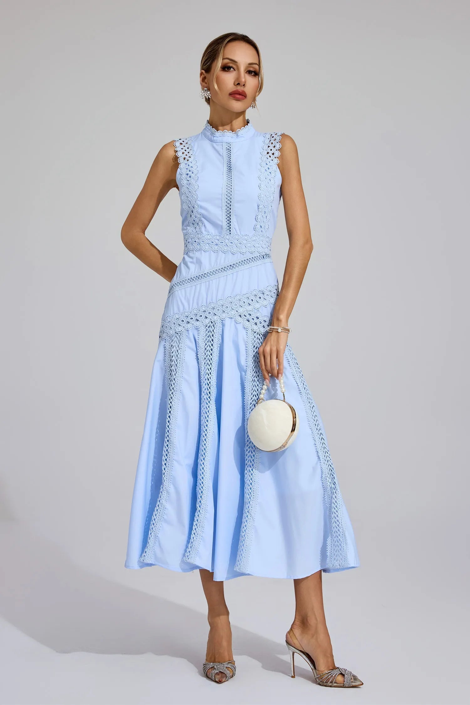 Women's Sleeveless Lace Midi Wedding Guest Dress Flared Hem and Intricate Trim