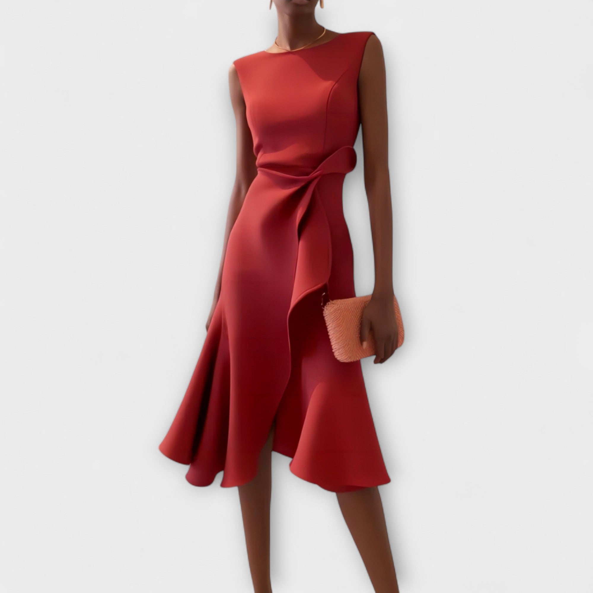 Women's Sleeveless Midi Dress with Boat Neck and Ruffle Drape Detail