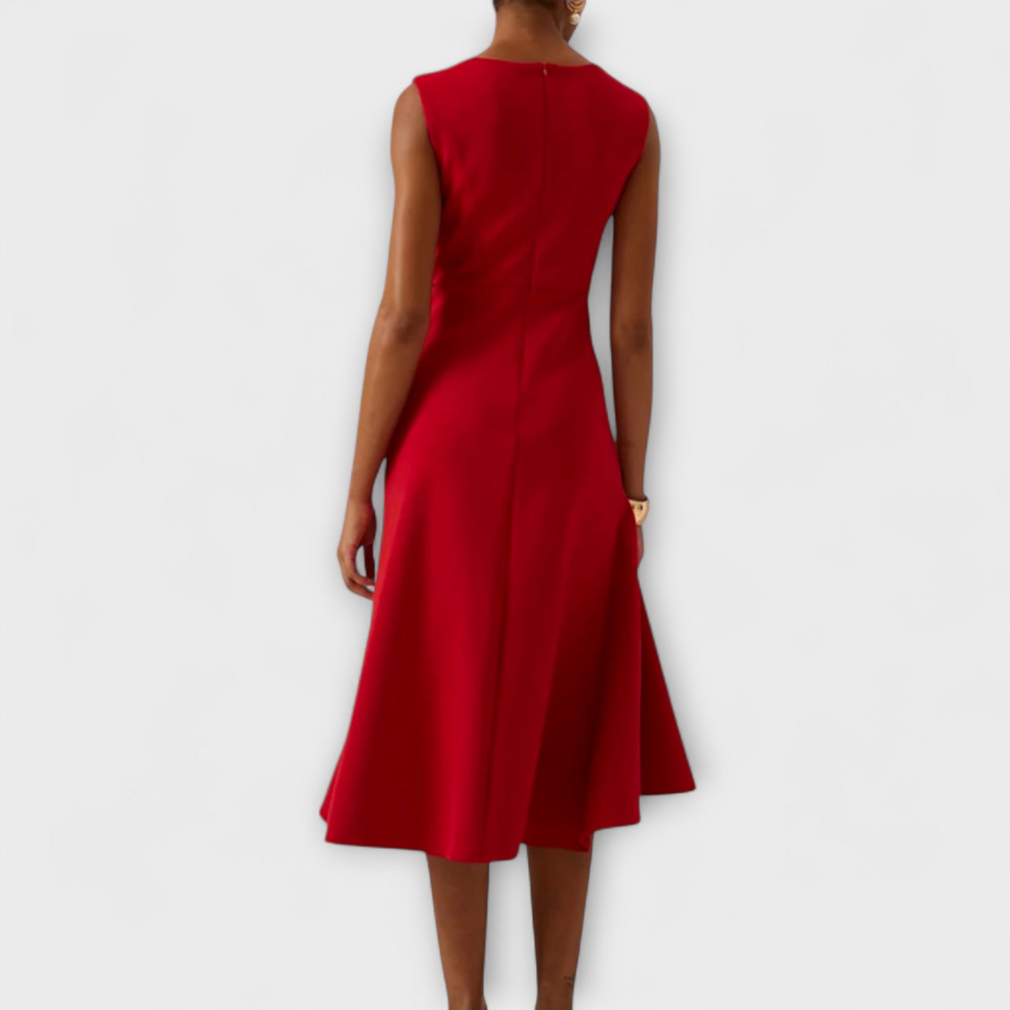 Women's Sleeveless Midi Dress with Boat Neck and Ruffle Drape Detail