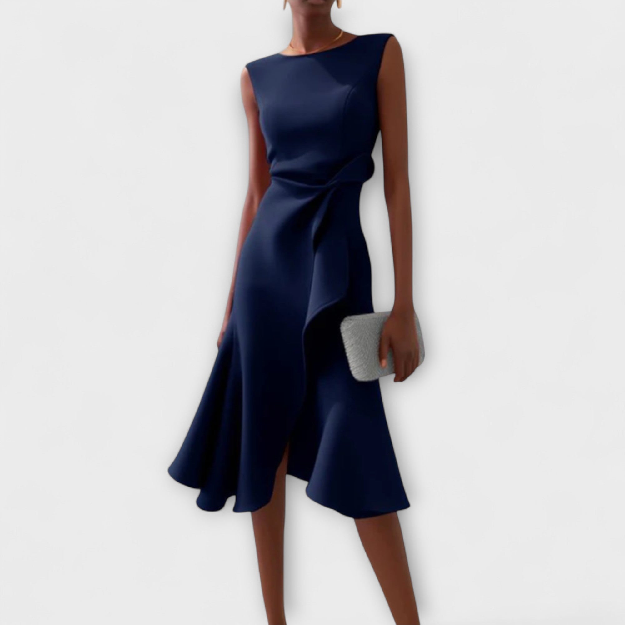 Women's Sleeveless Midi Dress with Boat Neck and Ruffle Drape Detail