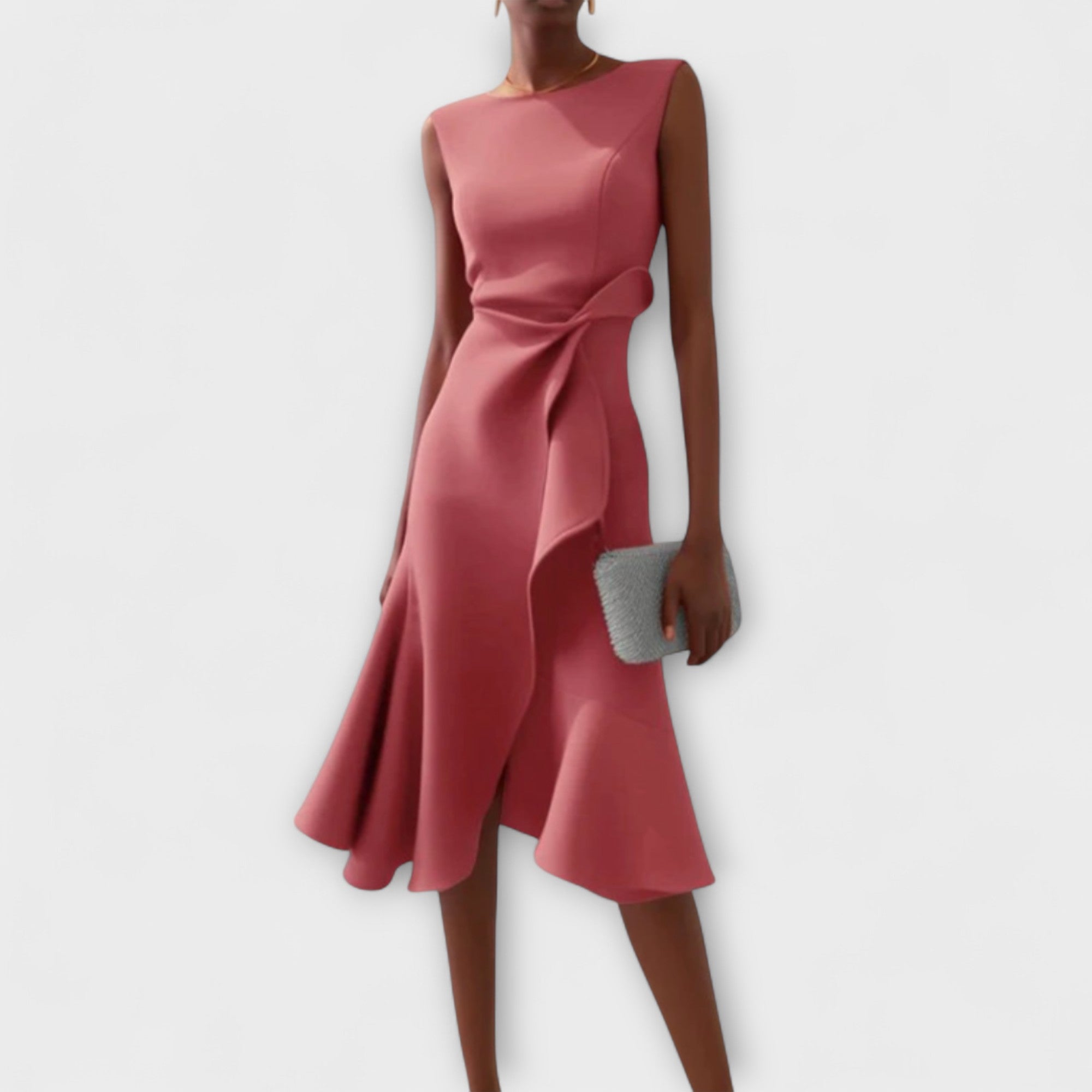 Women's Sleeveless Midi Dress with Boat Neck and Ruffle Drape Detail