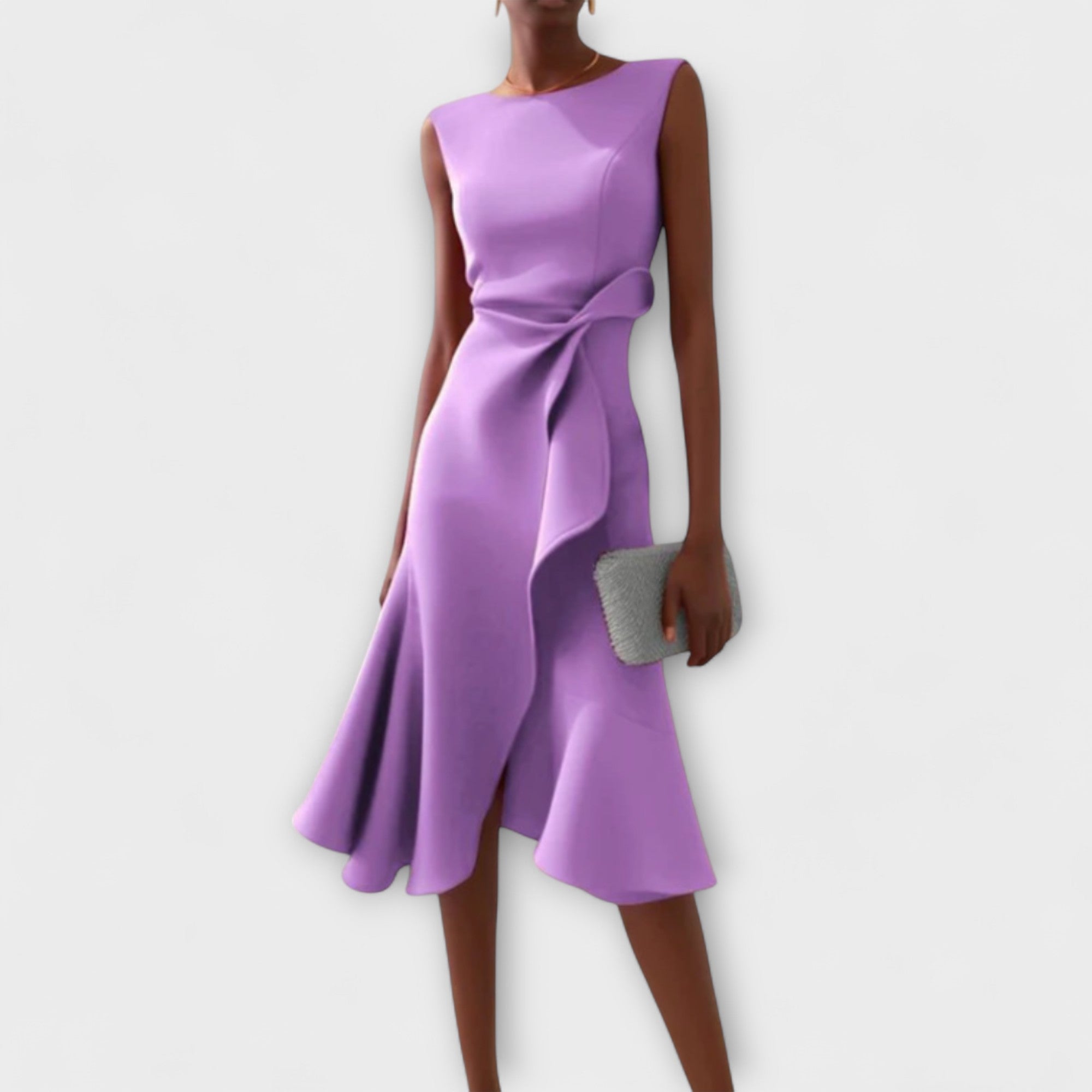 Women's Sleeveless Midi Dress with Boat Neck and Ruffle Drape Detail