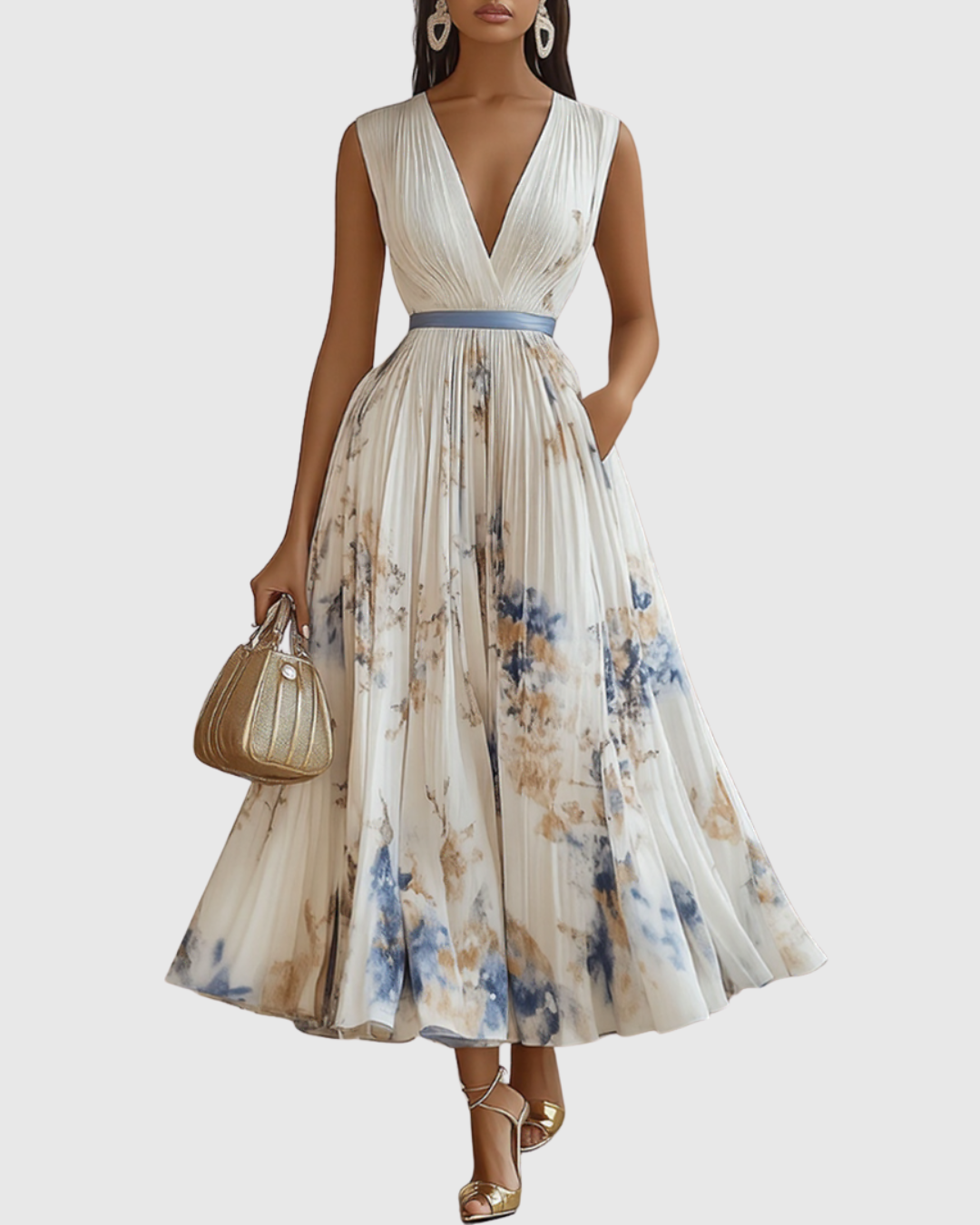 Women's Sleeveless Pleated Midi Dress with Deep V-Neck and Floral Print Detail