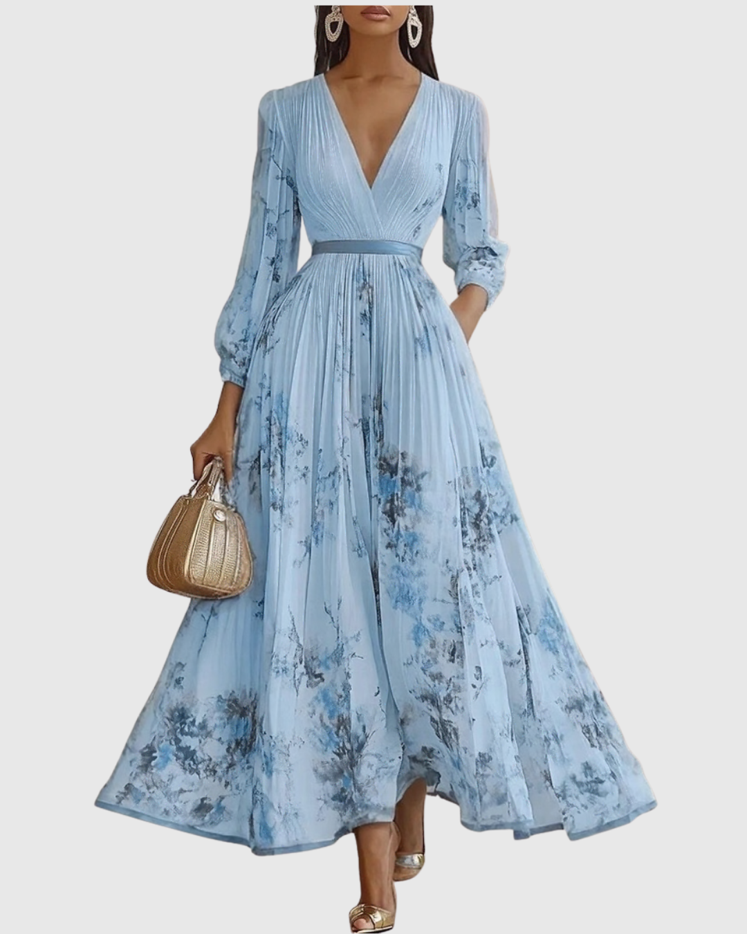 Women's Sleeveless Pleated Midi Dress with Deep V-Neck and Floral Print Detail